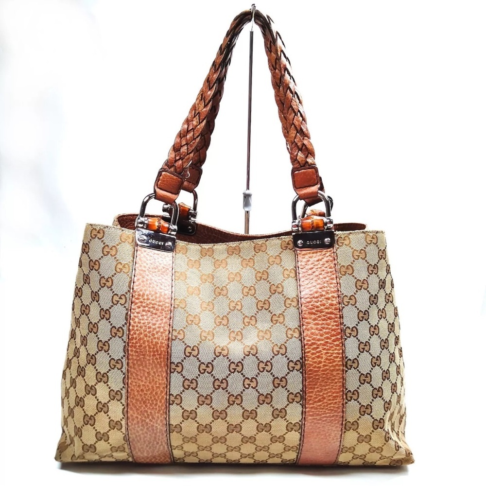 Authentic Gucci Hand Bag Bamboo Brown Canvas GUC - Picture 10 of 16
